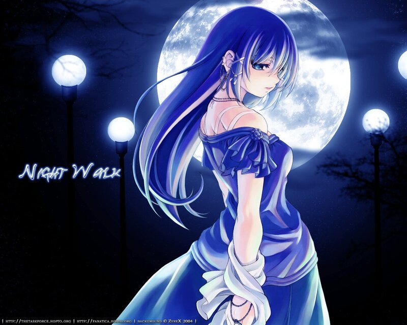 Anime Girl at Night — Blue, Serene, Digital Art, Moon
