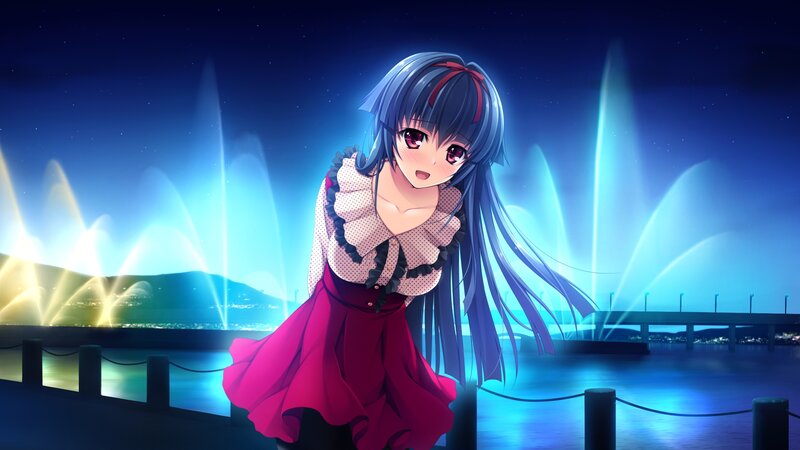 Anime Girl at Night — Blue, Serene, Fountain