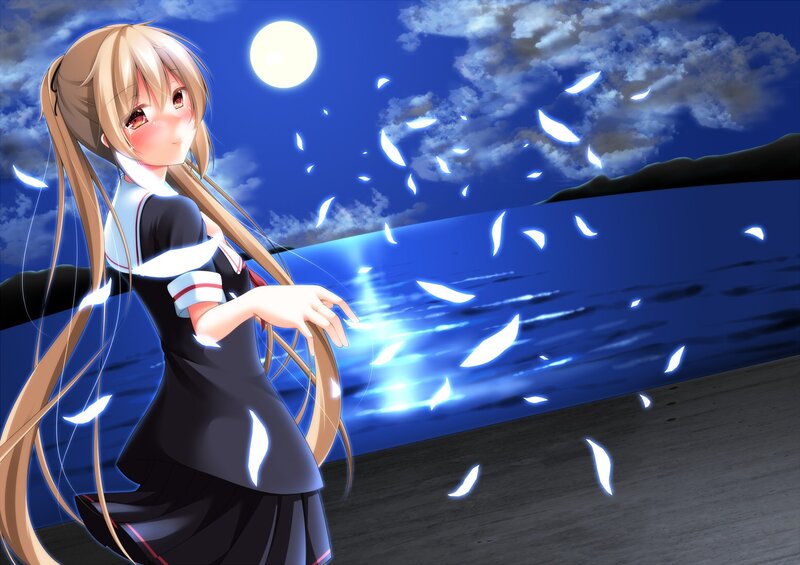 Anime Girl at Night — Blue, Serene, Moon, Clouds