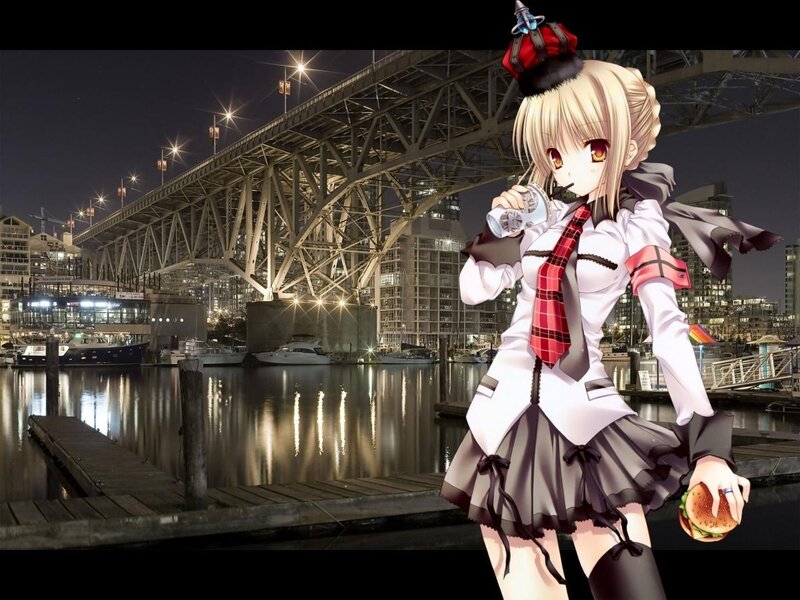anime girl at night harbor
