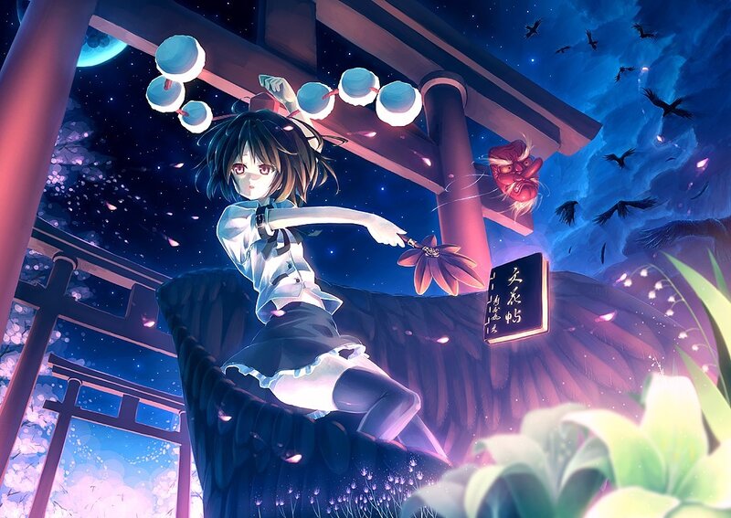 Anime girl at night shrine