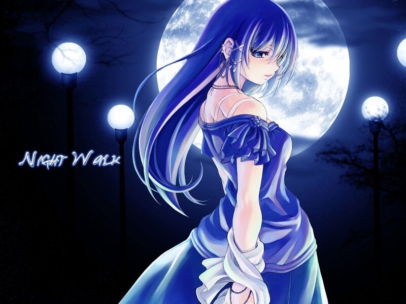 Anime girl at night under moon