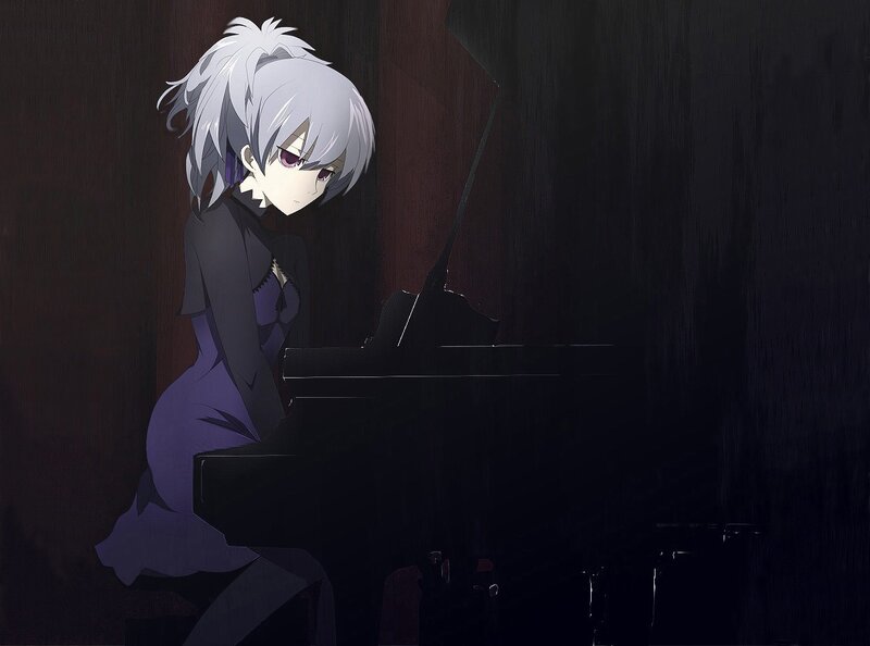 Anime Girl at Piano — Black, Dramatic, Night
