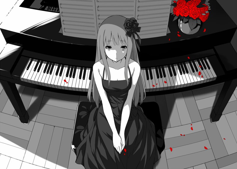 Anime Girl at Piano — Black, Dramatic, Roses
