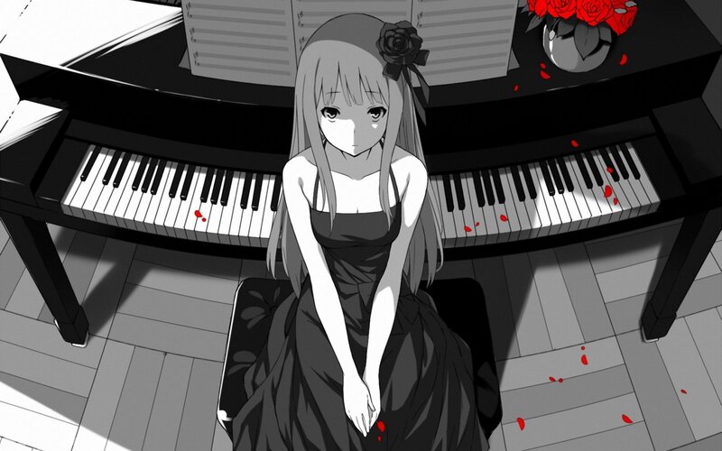 Anime Girl at Piano — Black, Dramatic