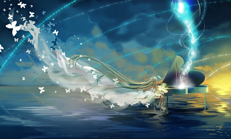 Anime Girl at Piano — Blue, Dreamy, Serene