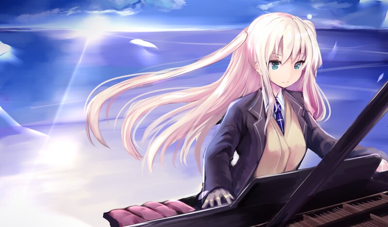 Anime Girl at Piano — Blue, Serene, Afternoon, Digital Art