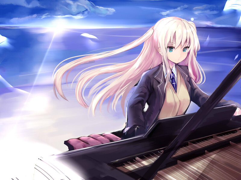 Anime Girl at Piano — Blue, Serene, Afternoon