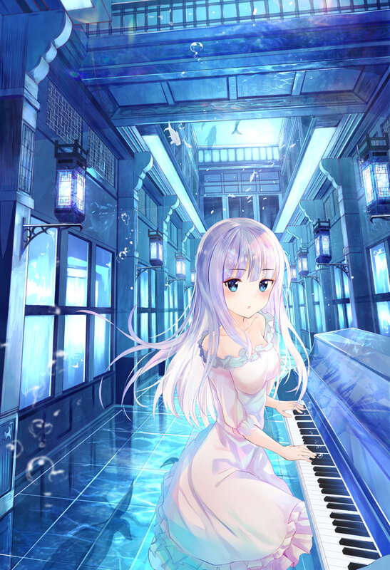 Anime Girl at Piano — Blue, Serene, Digital Art, Water