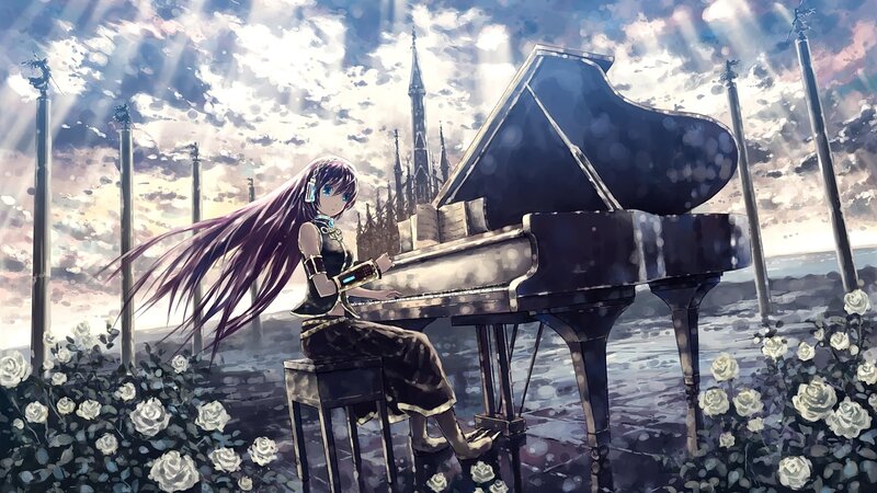 Anime Girl at Piano — Purple, Dramatic, Sunset, Digital Art, Castle, Roses
