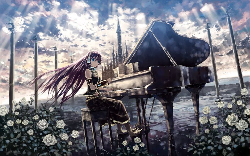 Anime Girl at Piano — Purple, Dramatic, Sunset, Digital Art, Castle