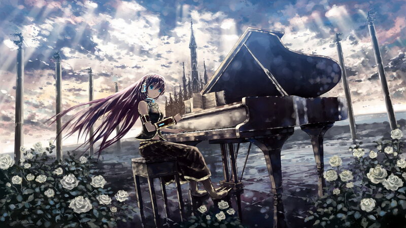 Anime Girl at Piano — Purple, Dramatic, Sunset