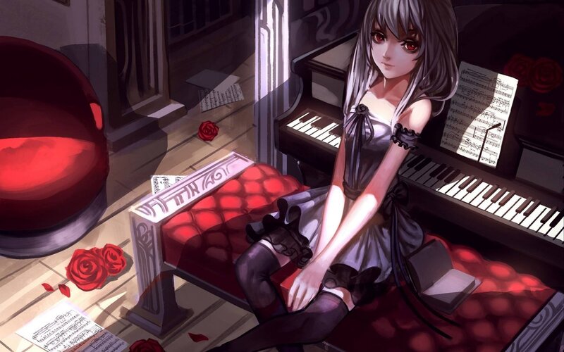 Anime Girl at Piano — Red, Dramatic, Night, Digital Art