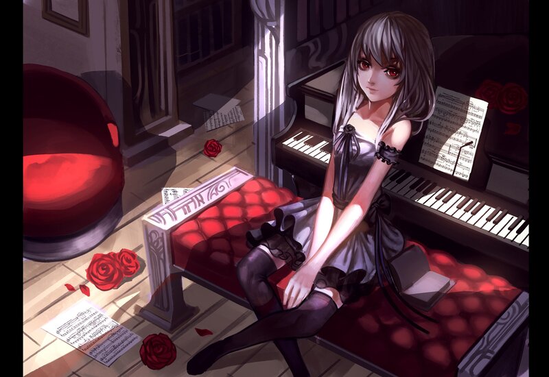 Anime Girl at Piano — Red, Dramatic, Night