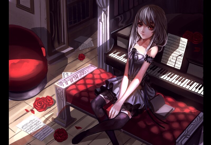 Anime Girl at Piano — Red, Dramatic