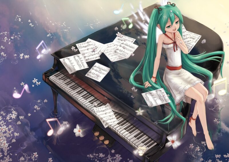 Anime girl at piano with music notes