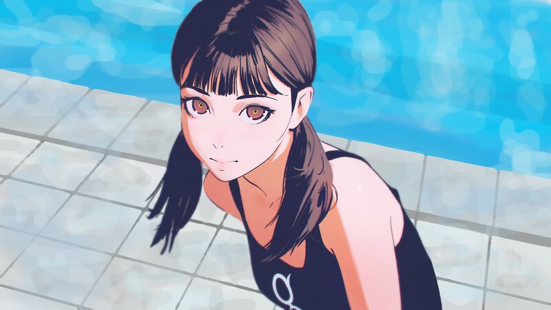 Anime Girl at Pool — Blue, Calm