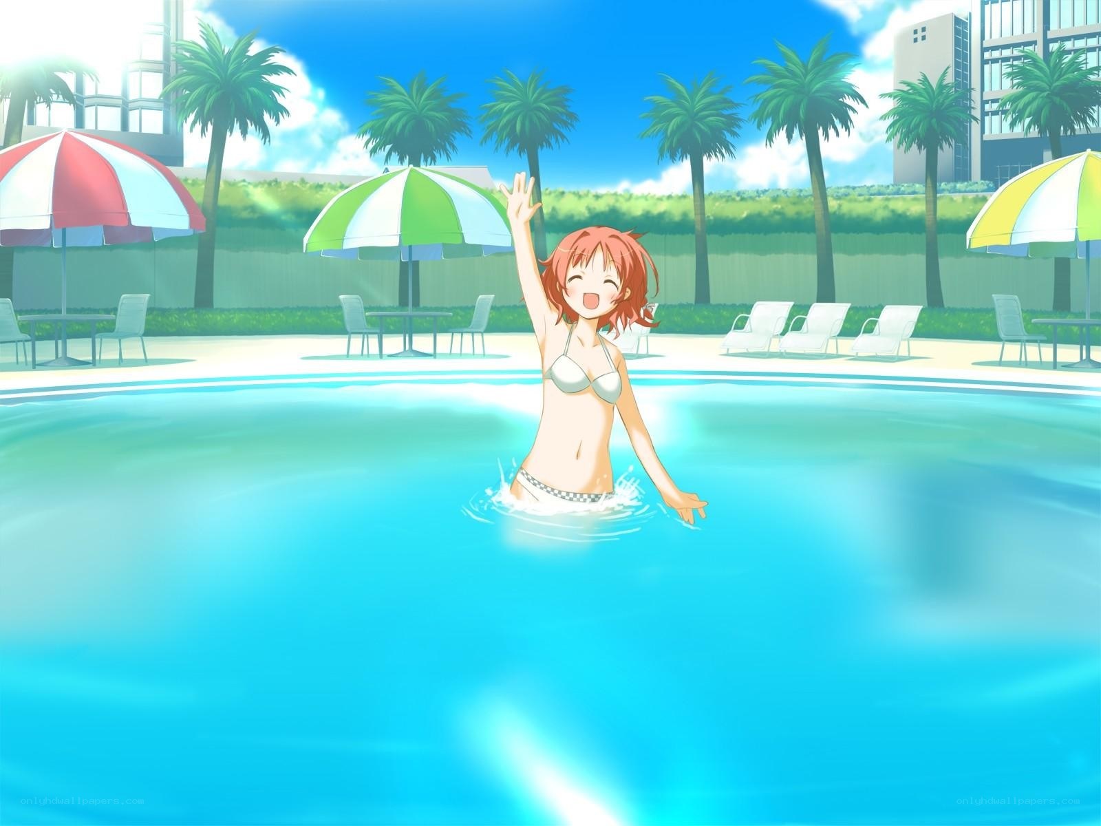 Anime girl at poolside