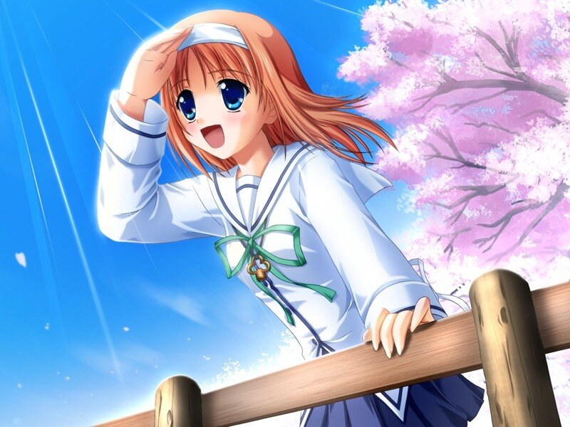 Anime Girl at Railing — Blue, Bright, Cheerful