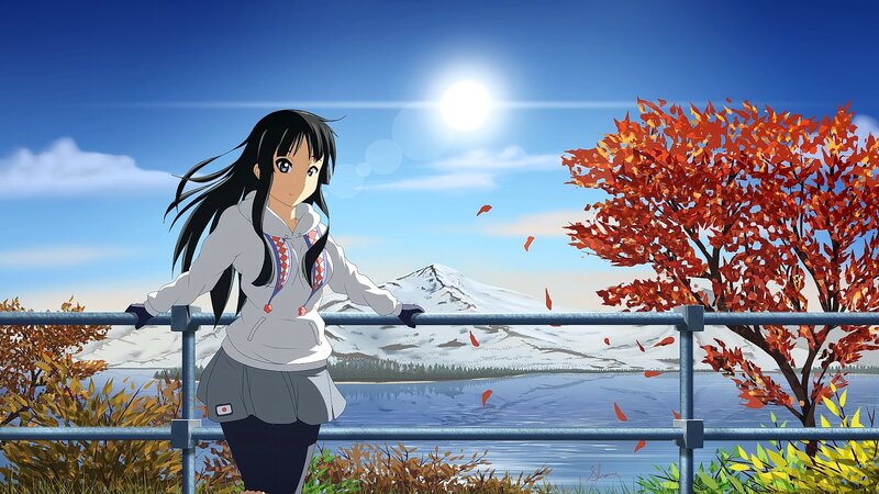 Anime Girl at Railing — Blue, Serene