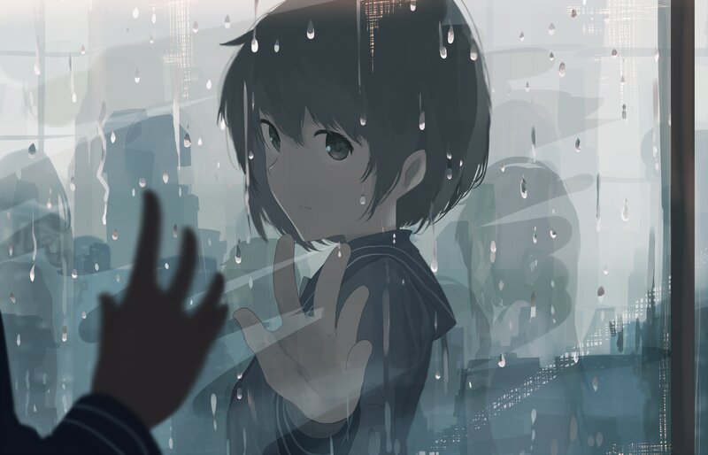 Anime Girl at Rainy Window — Gray