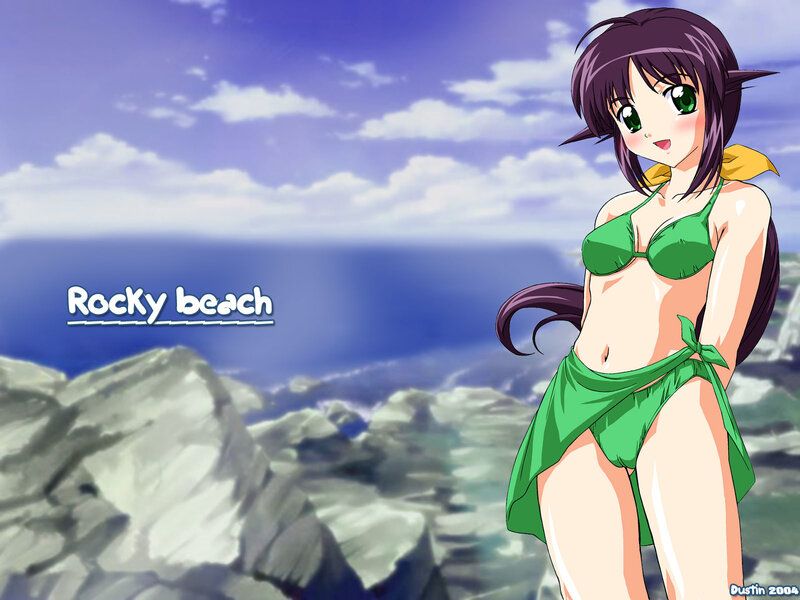 anime girl at rocky beach