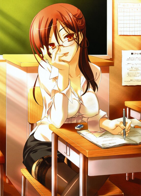 Anime girl at school desk