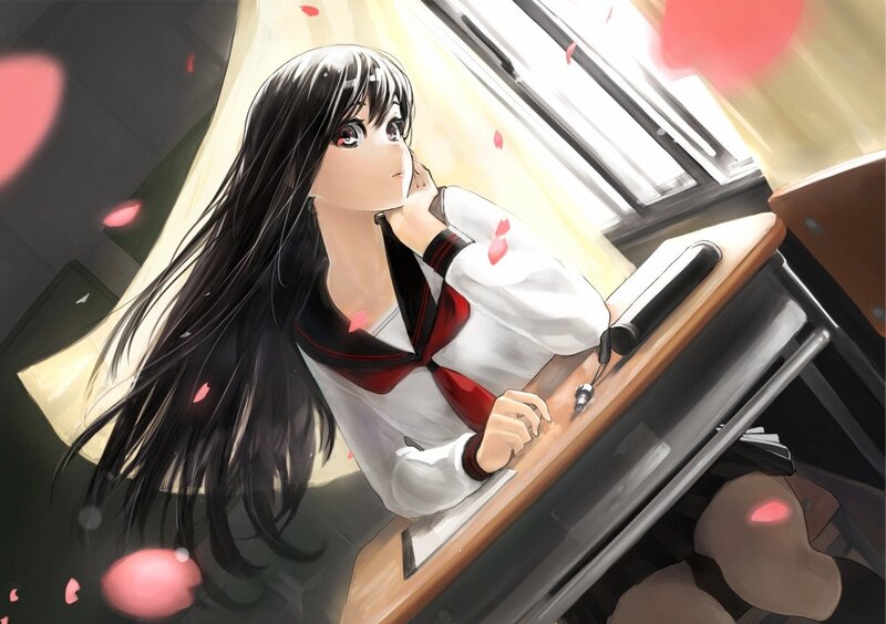 anime girl at school desk