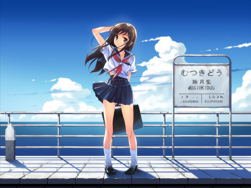 Anime girl at seaside station