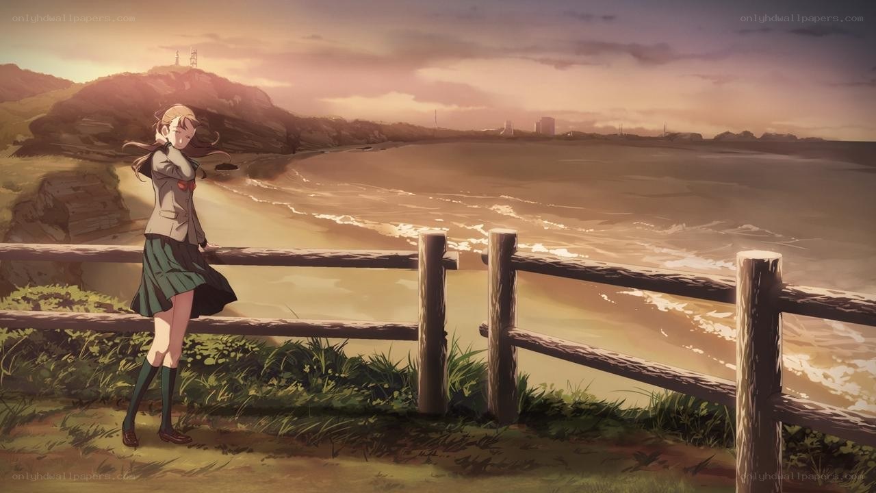 anime girl at seaside sunset