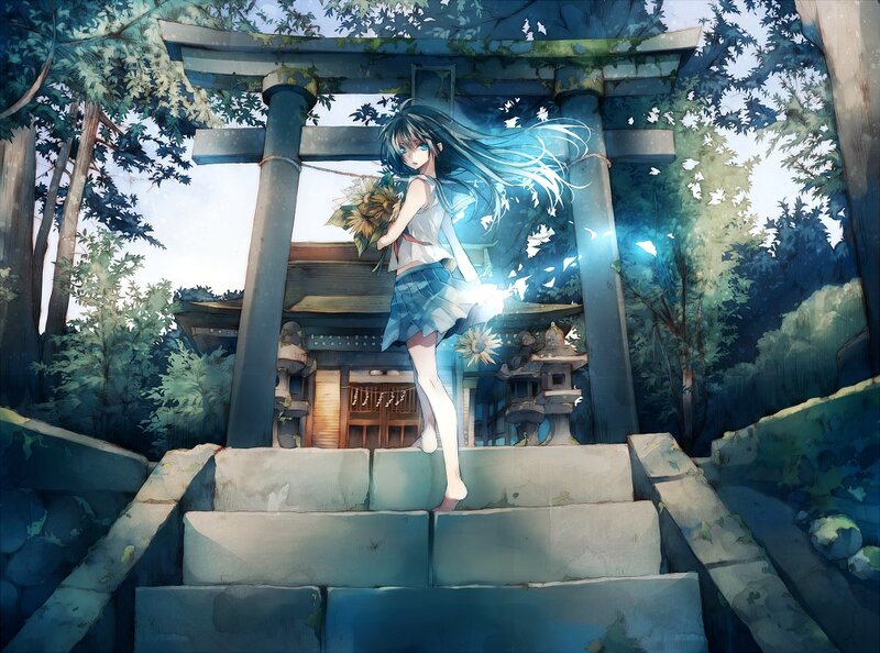 Anime Girl at Shrine — Blue