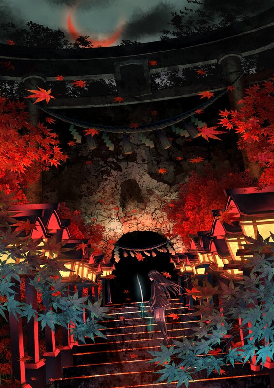 Anime Girl at Shrine — Red, Dramatic