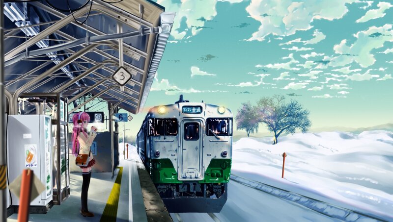 Anime girl at snowy train station