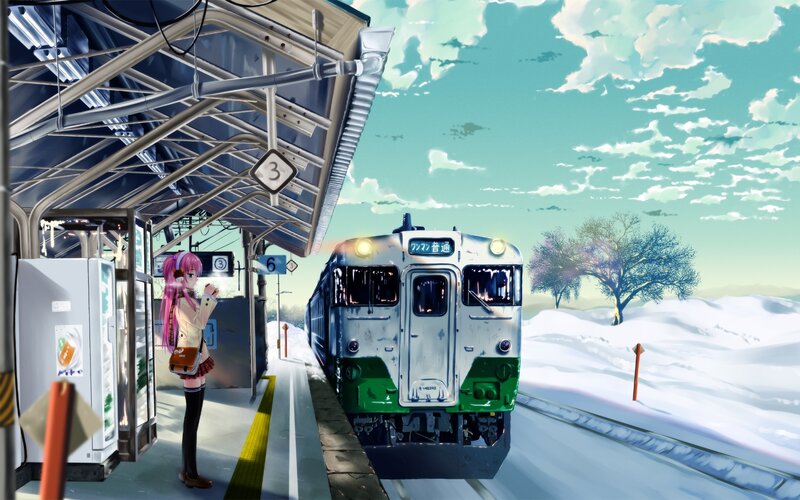 Anime girl at snowy train station