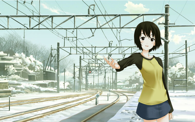Anime girl at snowy train station