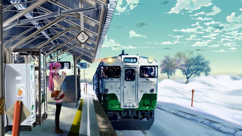 Anime girl at snowy train station