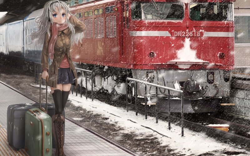 Anime girl at snowy train station