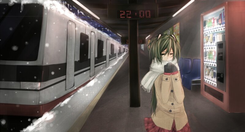 anime girl at snowy train station