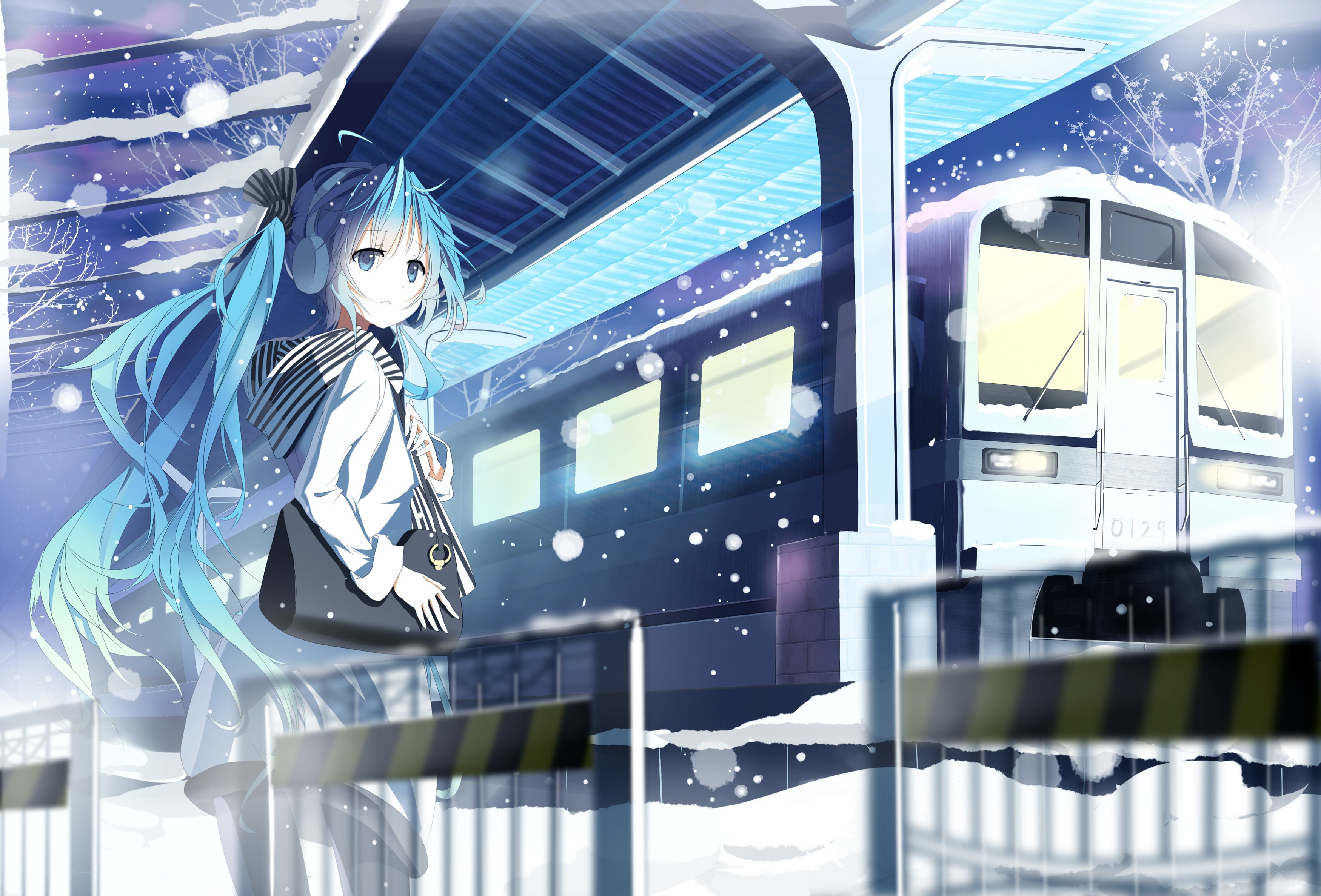 Anime girl at snowy train station
