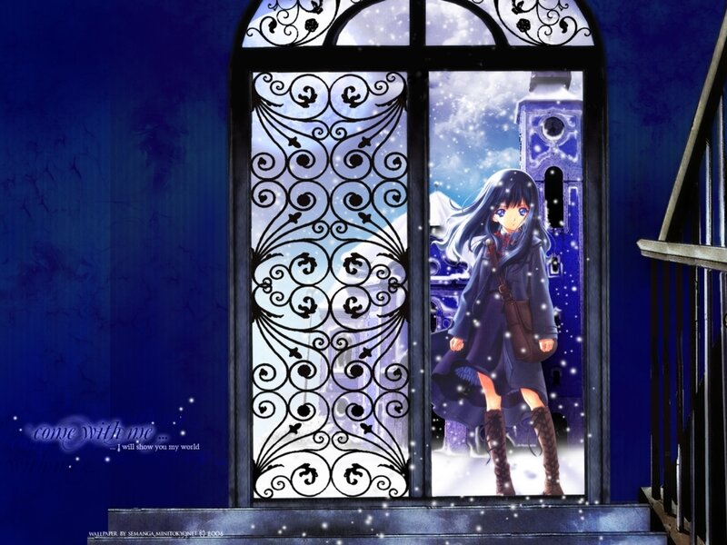 Anime girl at snowy window
