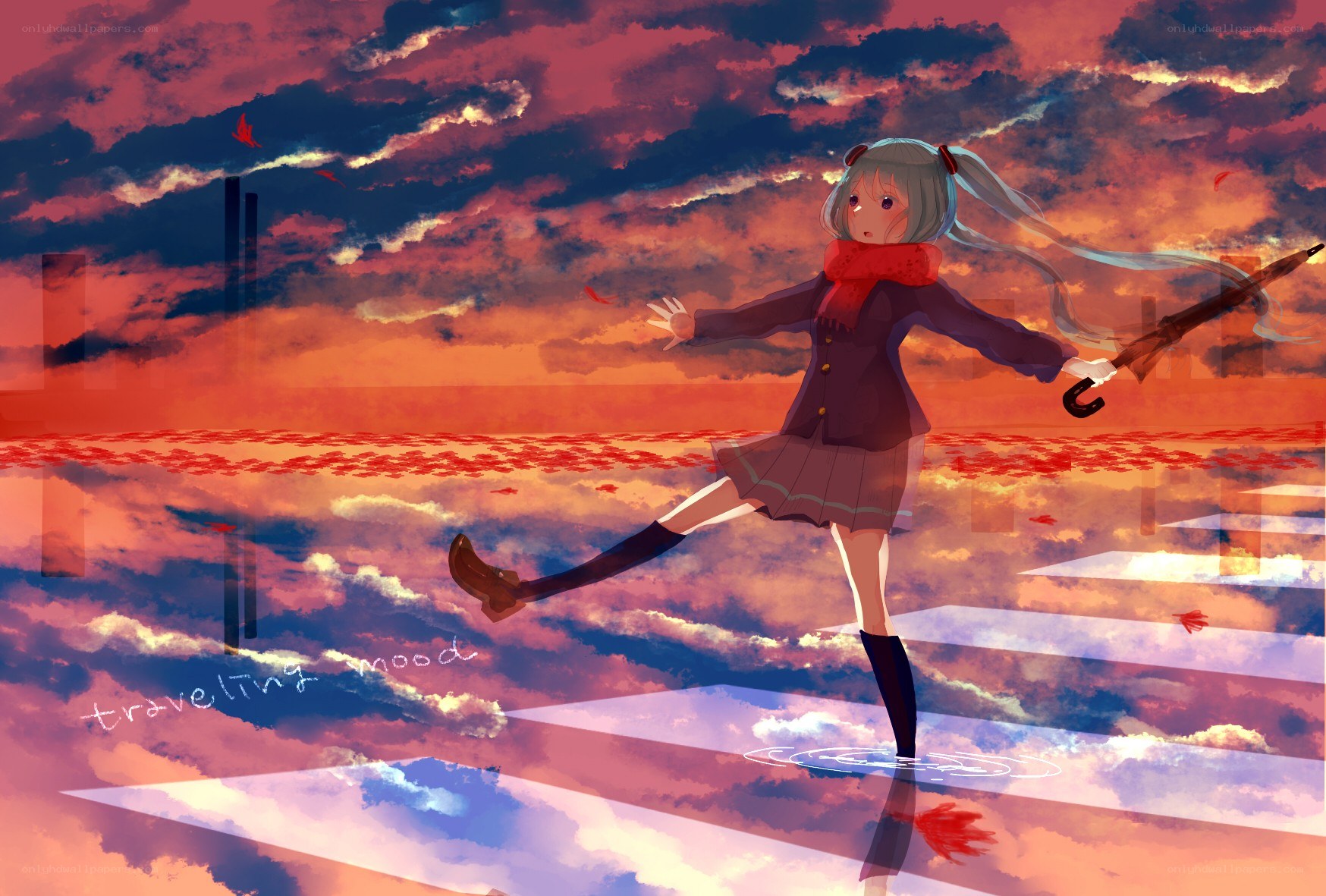 Anime girl at sunset