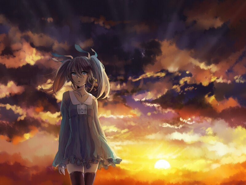 anime girl at sunset