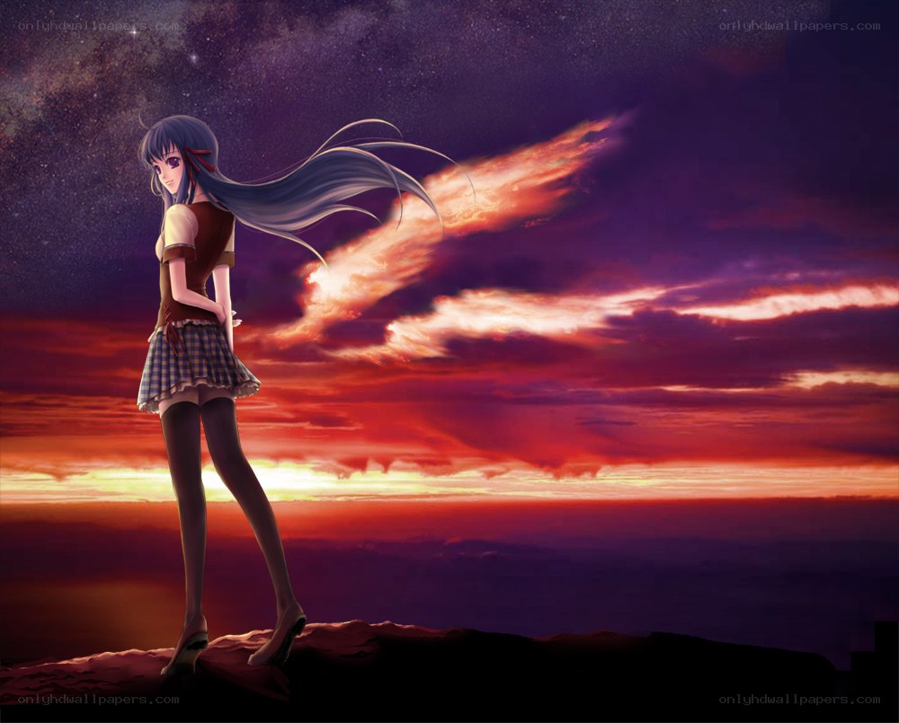 anime girl at sunset