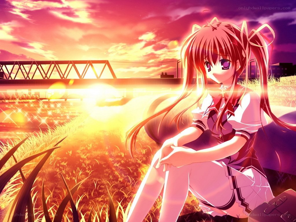 anime girl at sunset