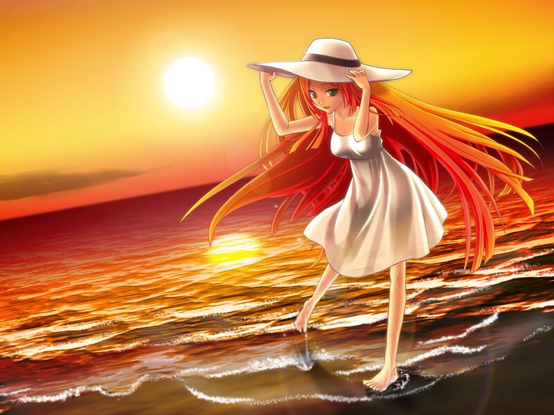 Anime girl at sunset beach