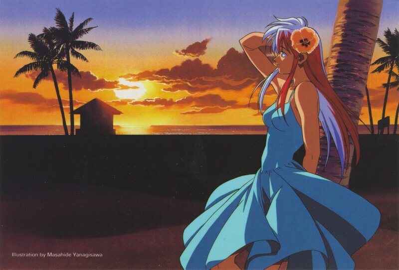 Anime girl at sunset beach