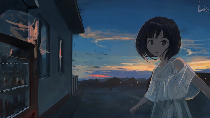 Anime Girl at Sunset — Blue, Serene, Digital Art, Building