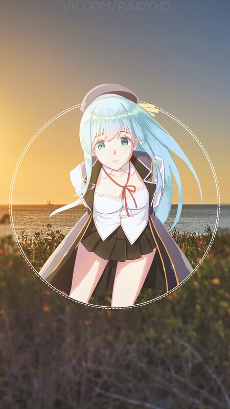 Anime Girl at Sunset — Blue, Serene, Digital Art, Ocean