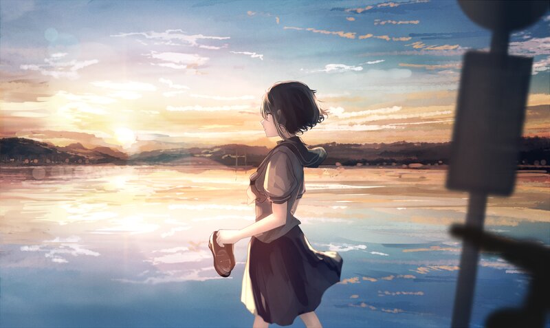 Anime Girl at Sunset — Blue, Serene, Digital Art, Water