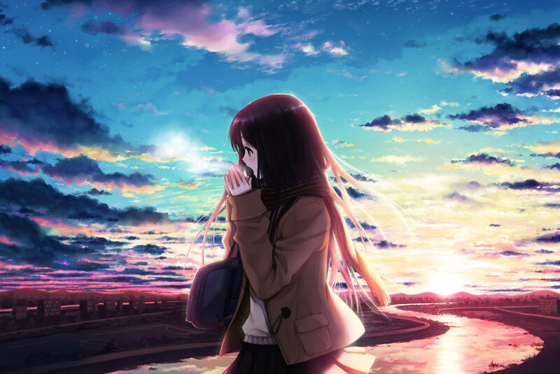 Anime Girl at Sunset — Blue, Serene